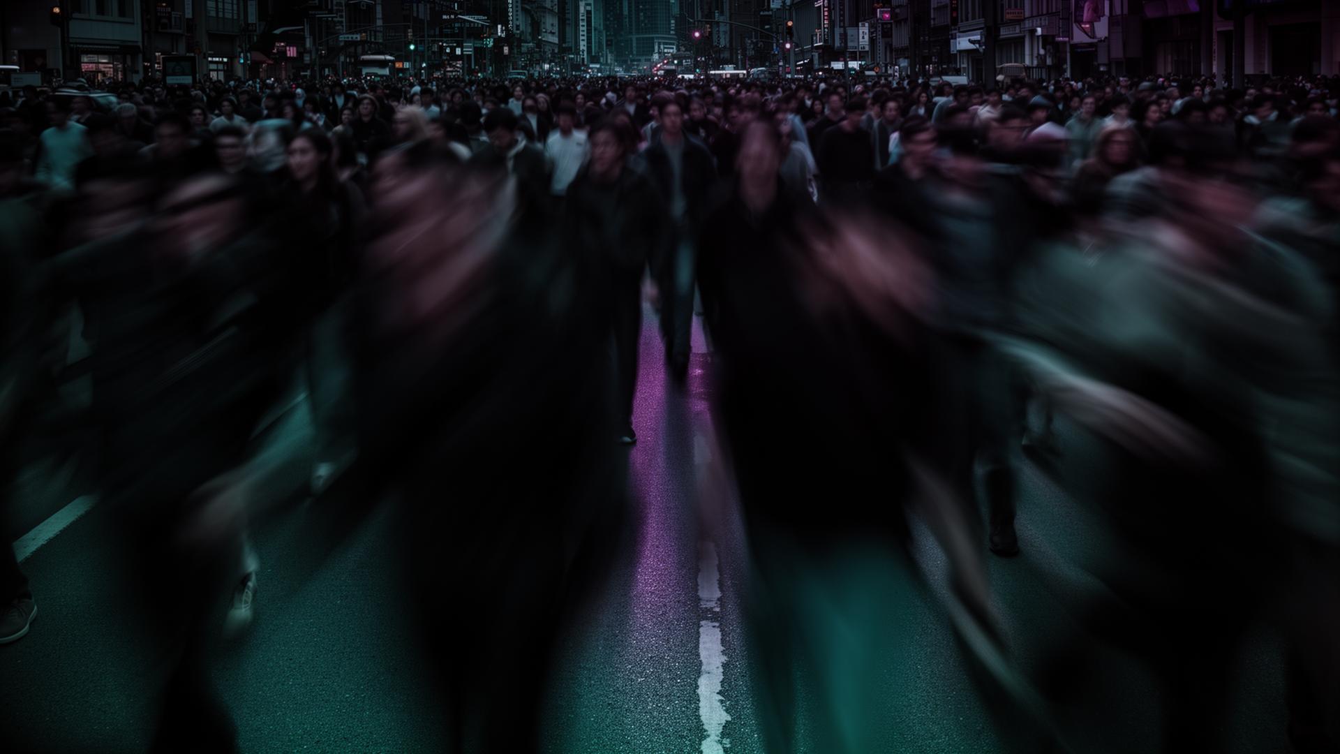 Multidão de pessoas em movimento na rua, fotografadas com longa exposição, rostos não identificáveis